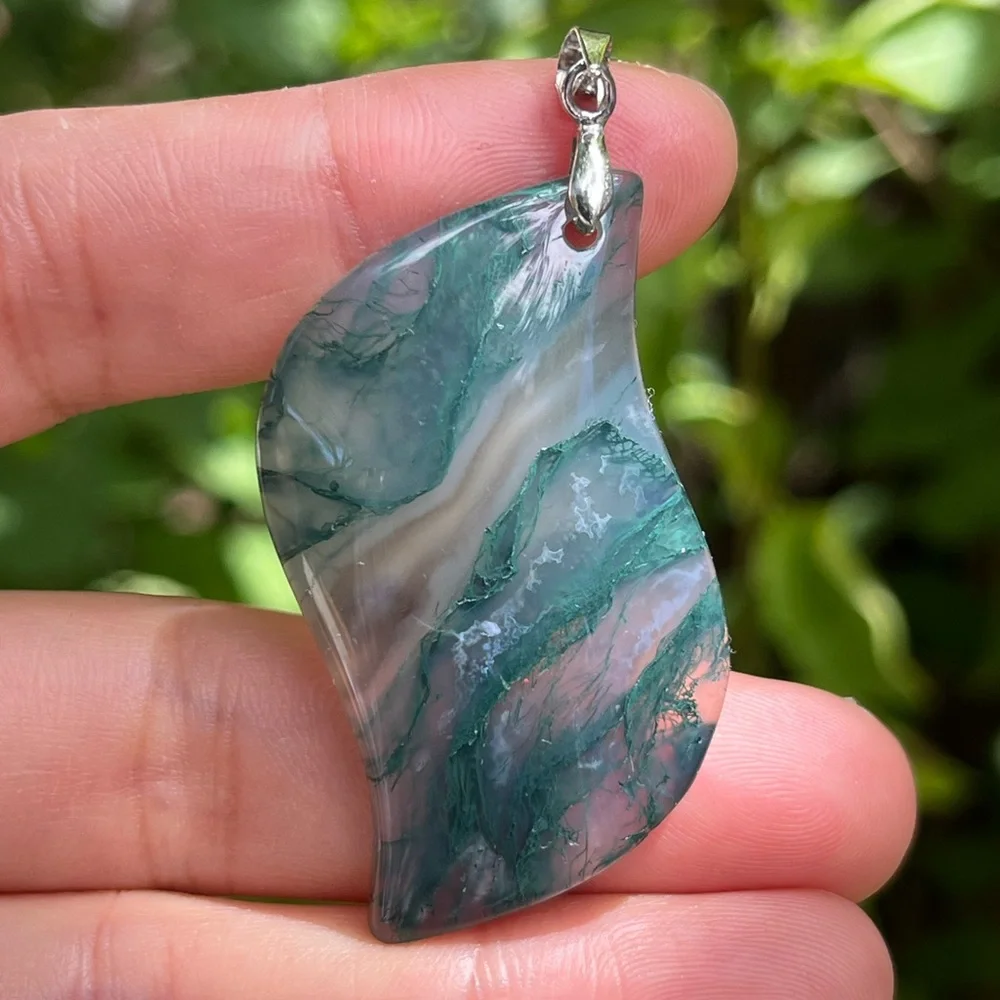 Sterling silver 925‎ stamped wavy moss agate pendant